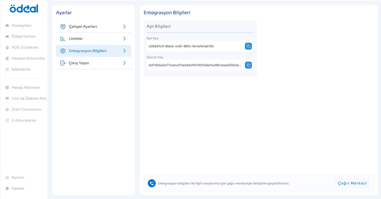 Entegrasyon Bilgileri Ekranı